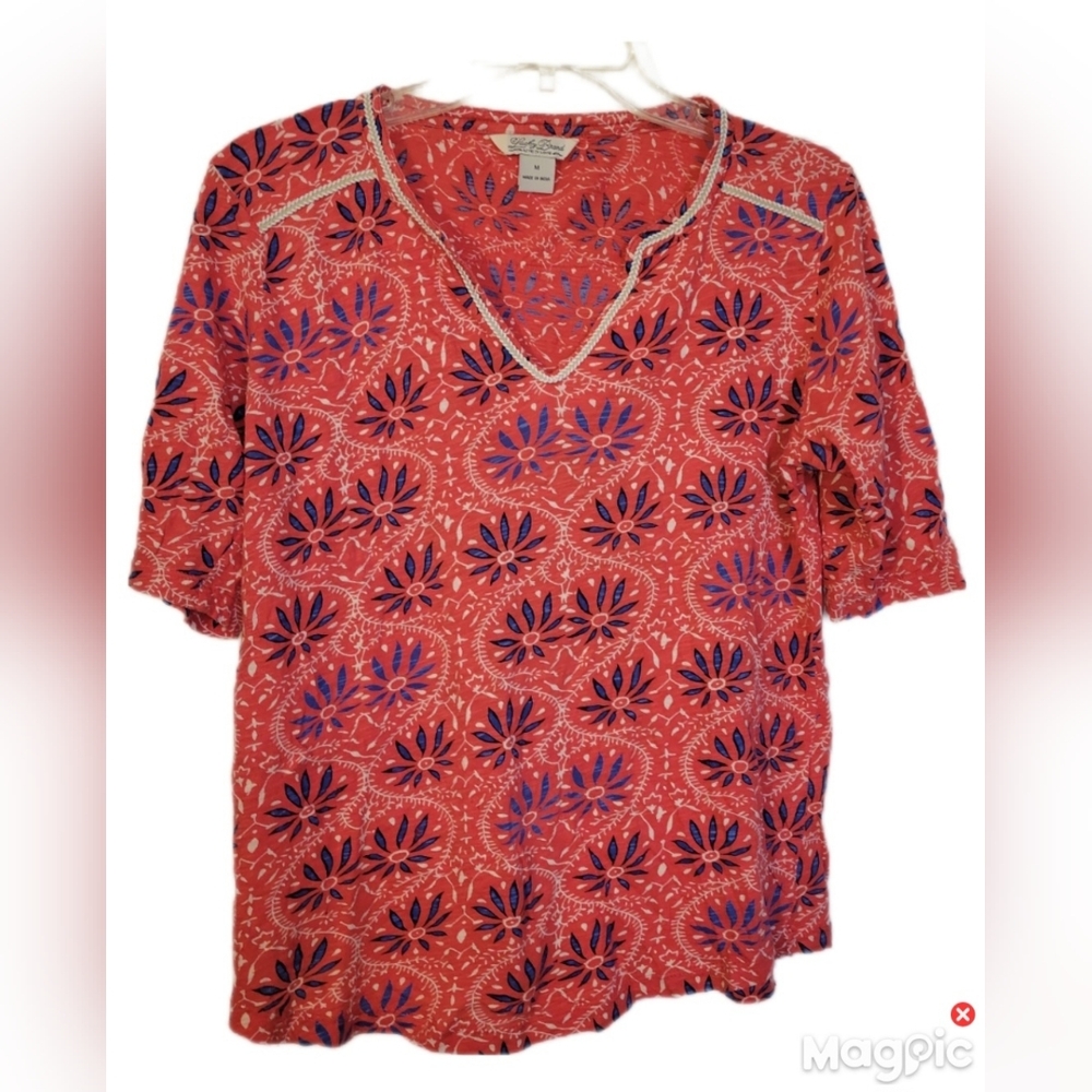 2 Lucky Brand Red Floral Cap Sleeve Cotton Popover Tops Size Med